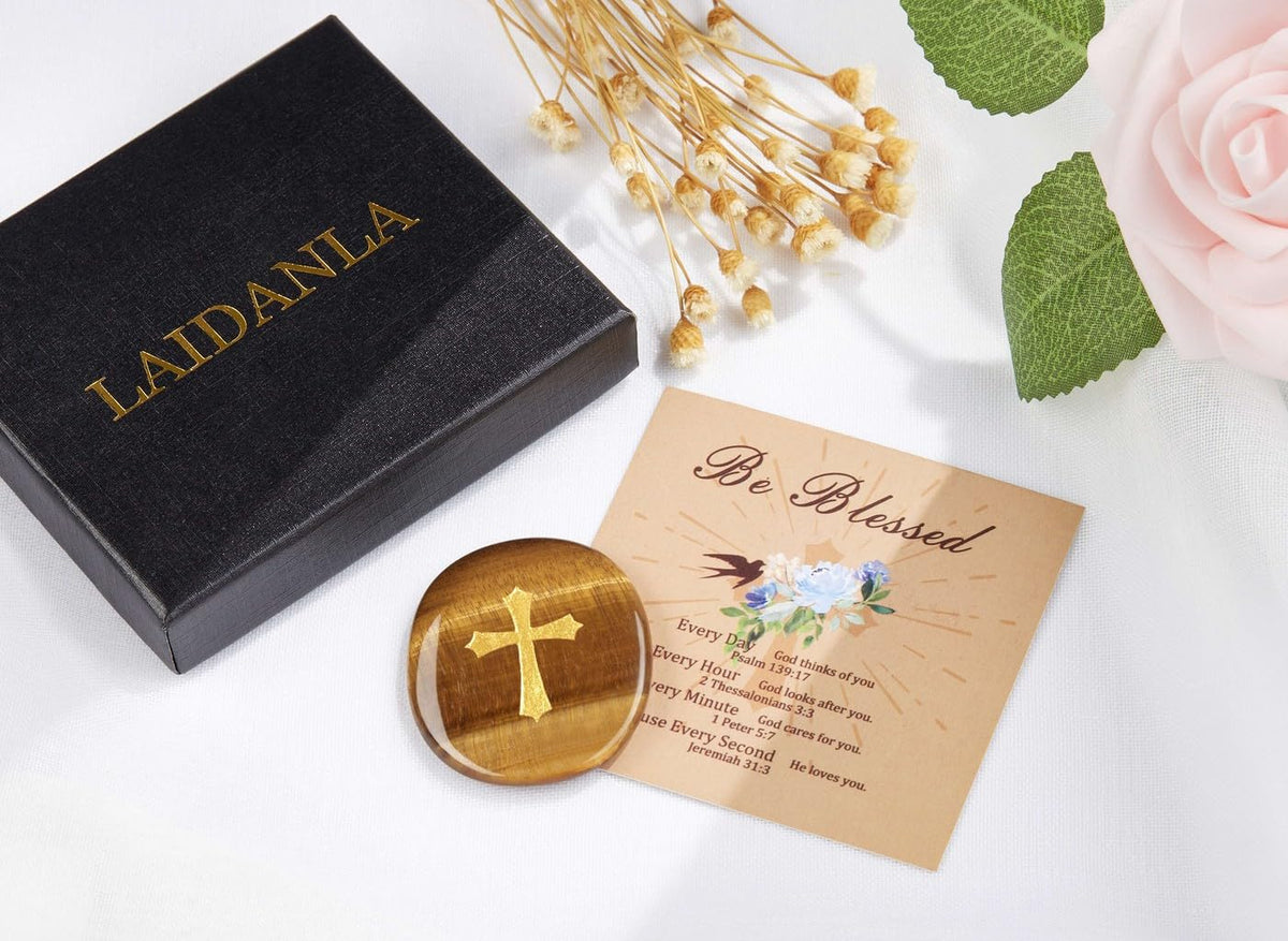 LAIDANLA Tiger Eye Cross Engraved Healing Crystal Worry Stones for Pray Faith Anxiety Relief Oval Palm Stone Polished Natural Crystal Gifts