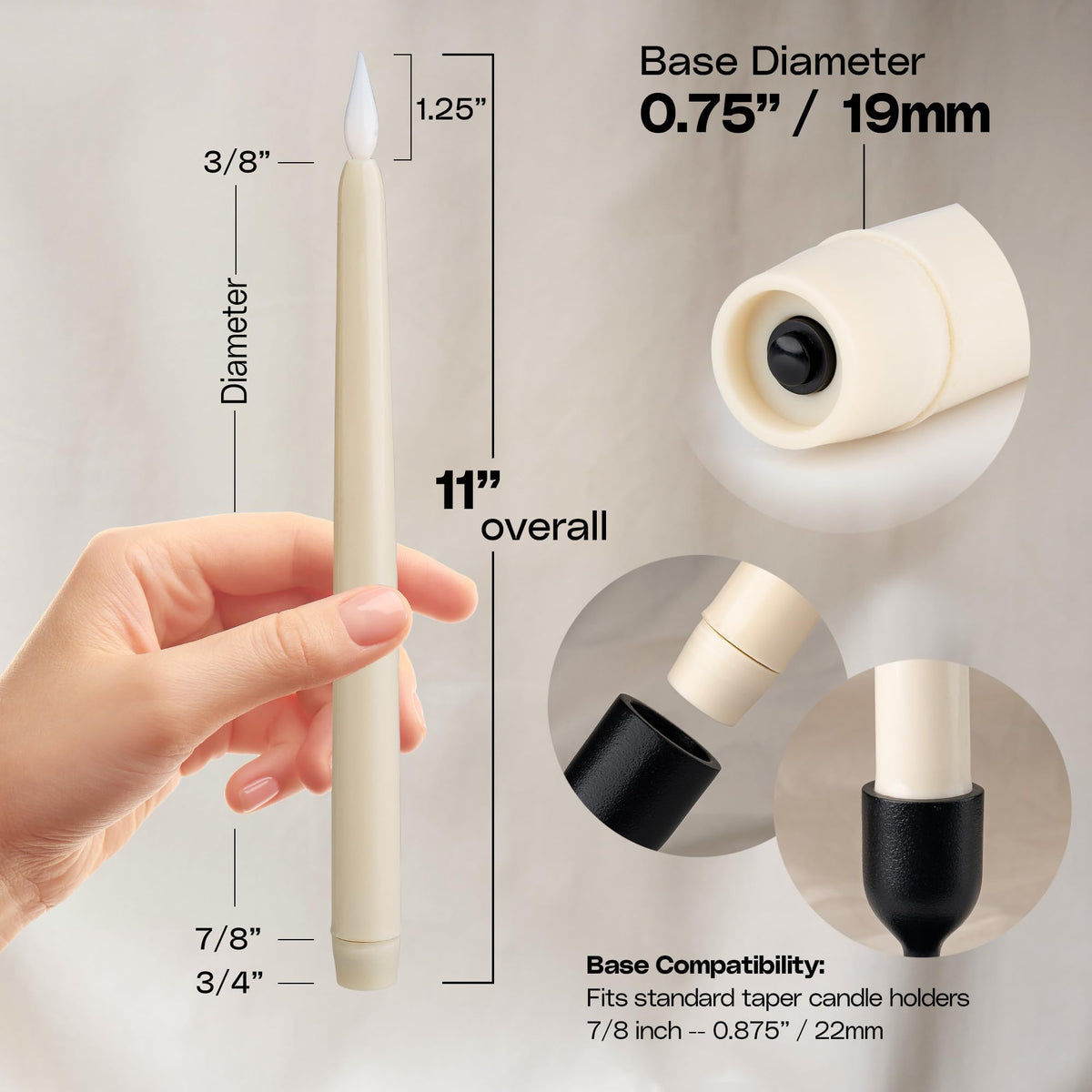 WYZworks 24 Pack, 11" LED Flameless Ivory Taper Flickering Candles Lights, Clickable On/Off Button, Battery Operated Electric Long Tall Candlesticks for Holiday Christmas Candelabra Wedding Window