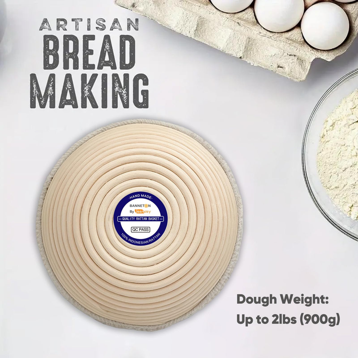 Jeensley Banneton Bread Proofing Basket with Brochure Set of 2, Sourdough Baking Supplies for Rising, Round & Oval Proving Baskets with Liners, Handmade from Quality Natural Indonesian Rattan