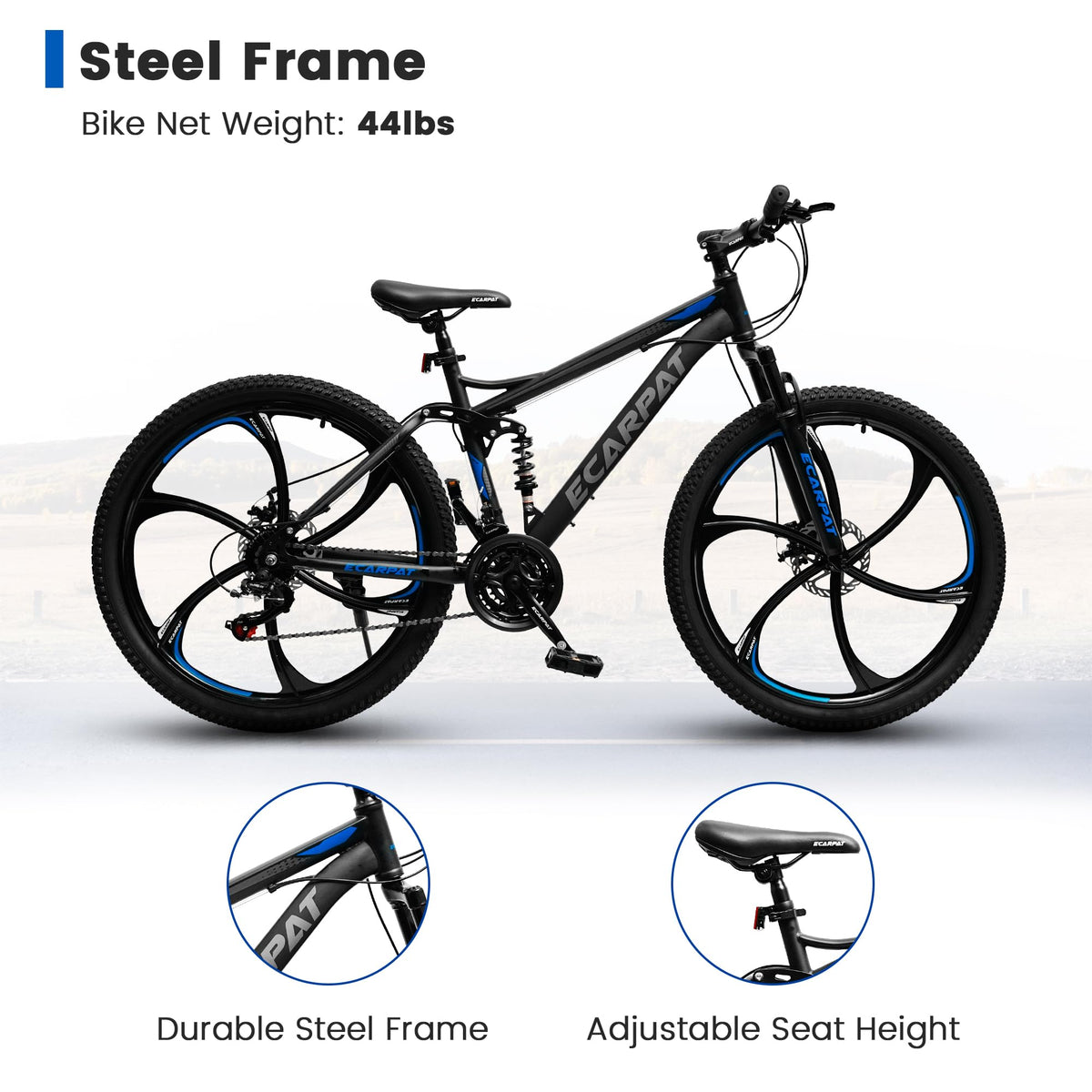 Ecarpat 26 Inch Full Suspension Mountain Bike, 21 Speeds Dual Disc Brake, Men Women Carbon Steel Mountain Bike, Adult Trail Beach Snow Commuter City Bikes