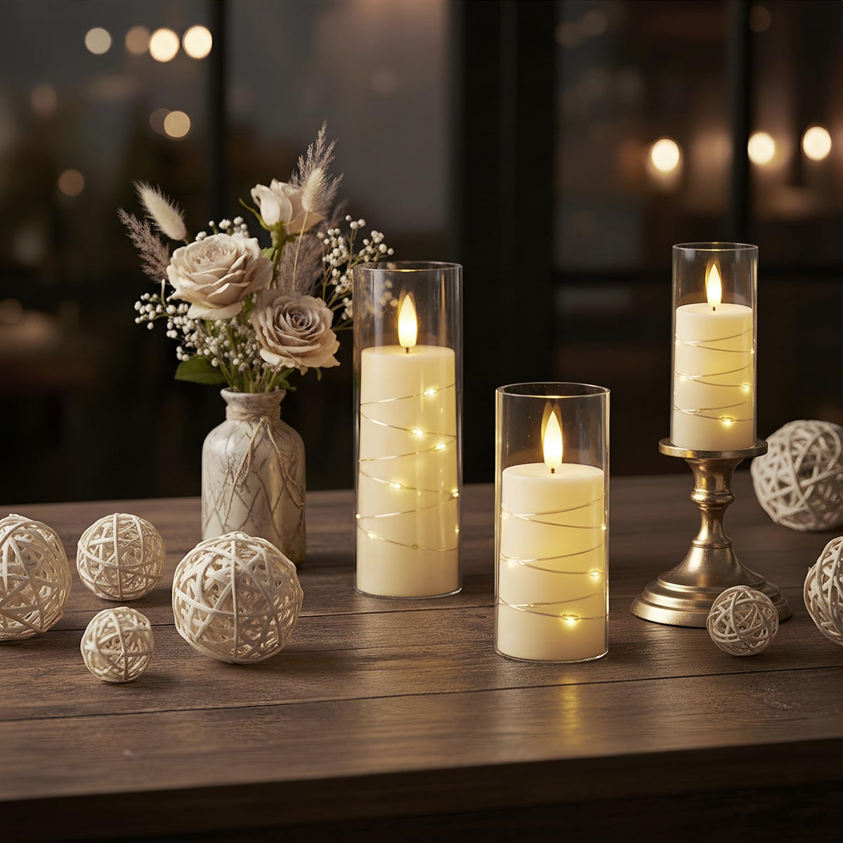 Raycare Flameless Candle with Remote Timer – 9 Flickering Acrylic Battery Operated LED Pillar Candles with Embedded Star String for Christmas, Wedding, Home Decor, and as a Gift (Ivory White)