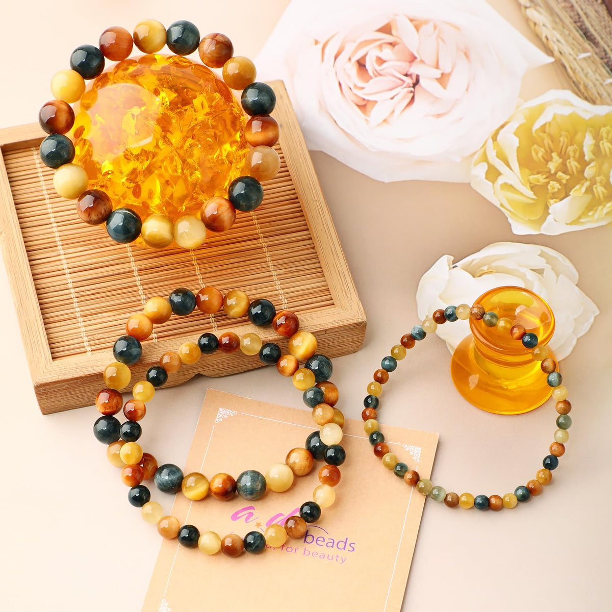 AD Beads 8mm Handmade Golden Colorful Tiger Eye Elastic Bracelet – Natural Gemstone for Warmth and power – Meditation, Yoga, Healing and Energy Gift for Men Women