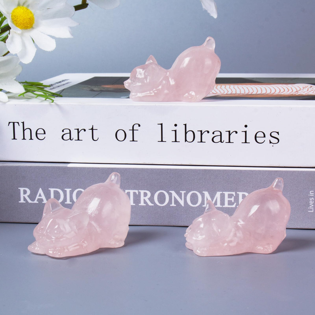 Rose Quartz Crystal Cat Figurines, 2 Inch Pink Kitten Statues for Kitten Lovers and Collectibles, Cat Decor Fingurines for Home Desk Office, Carved Healing Crystal Reiki Animal Gifts for Women