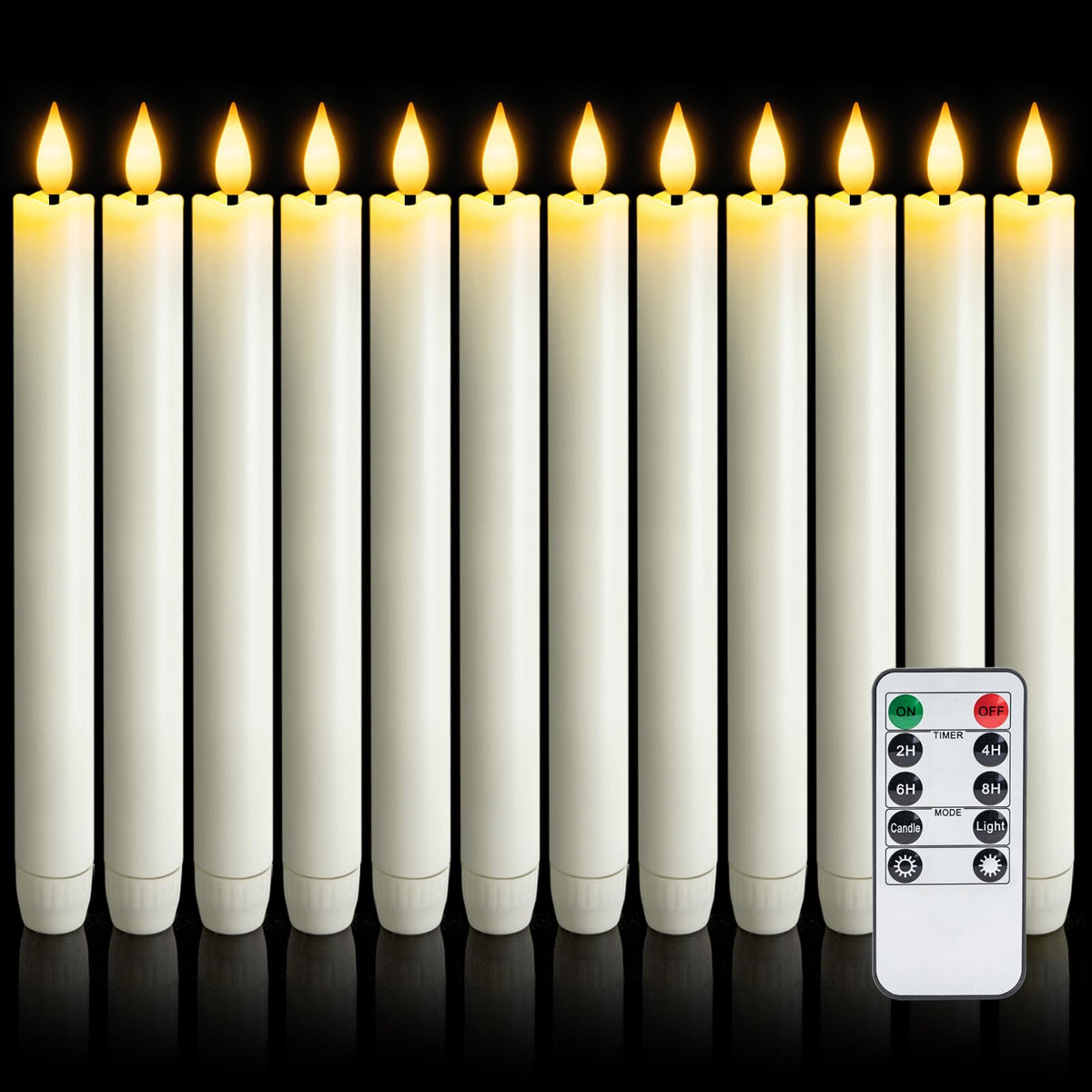 Meigic 12 Pcs Flameless Taper Candles with Remote Timer, Battery Operated Window Candles, White Plastic LED Candlesticks, for Wedding Halloween Christmas Church Decor, 9.6 inches
