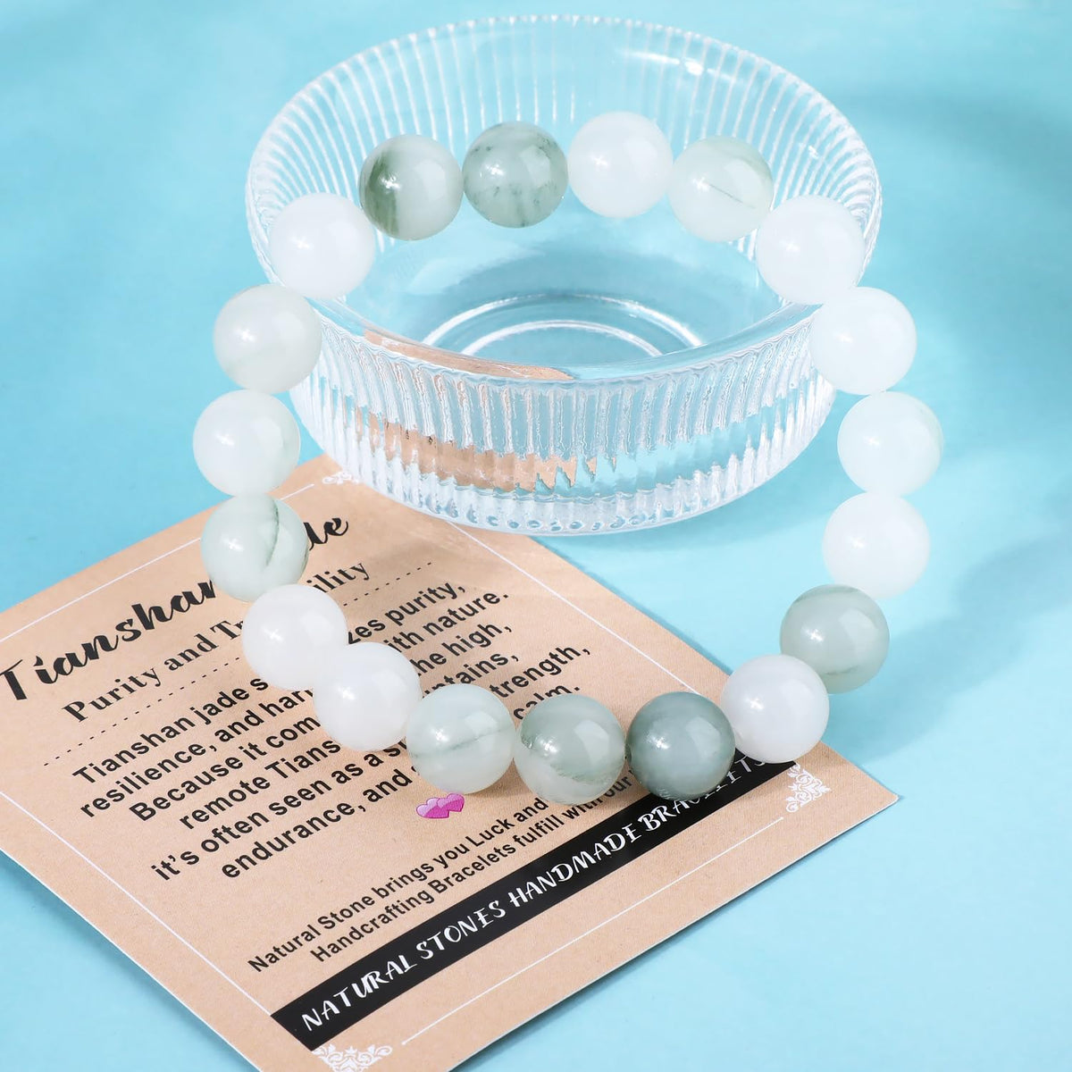 AD Beads 10mm Handmade Tianshan Jade Elastic Bracelet – Natural Gemstone for Purity and Tranquility – Meditation, Yoga, Healing and Energy Gift for Men Women