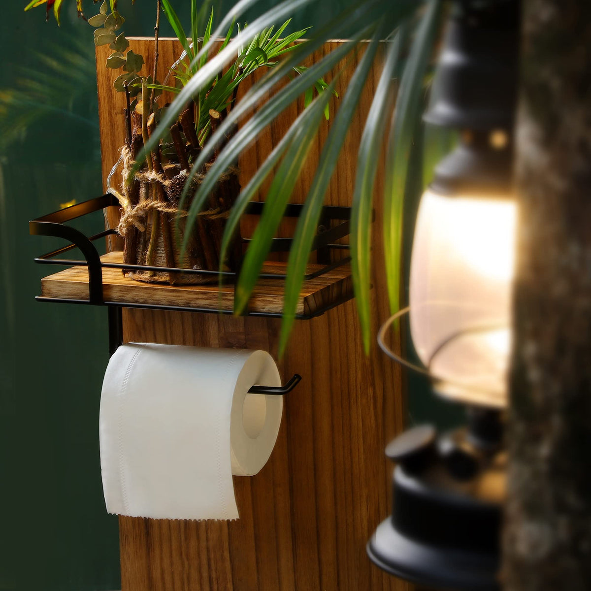 AIDILI Rustic Farmhouse Toilet Paper Holder with Shelf - Farmhouse Bathroom Rustic Country Decor - Rustic Bathroom Accessories with Warm Brown Wood Shelf for Wipes&Cell Phone&Reading, Black Metal