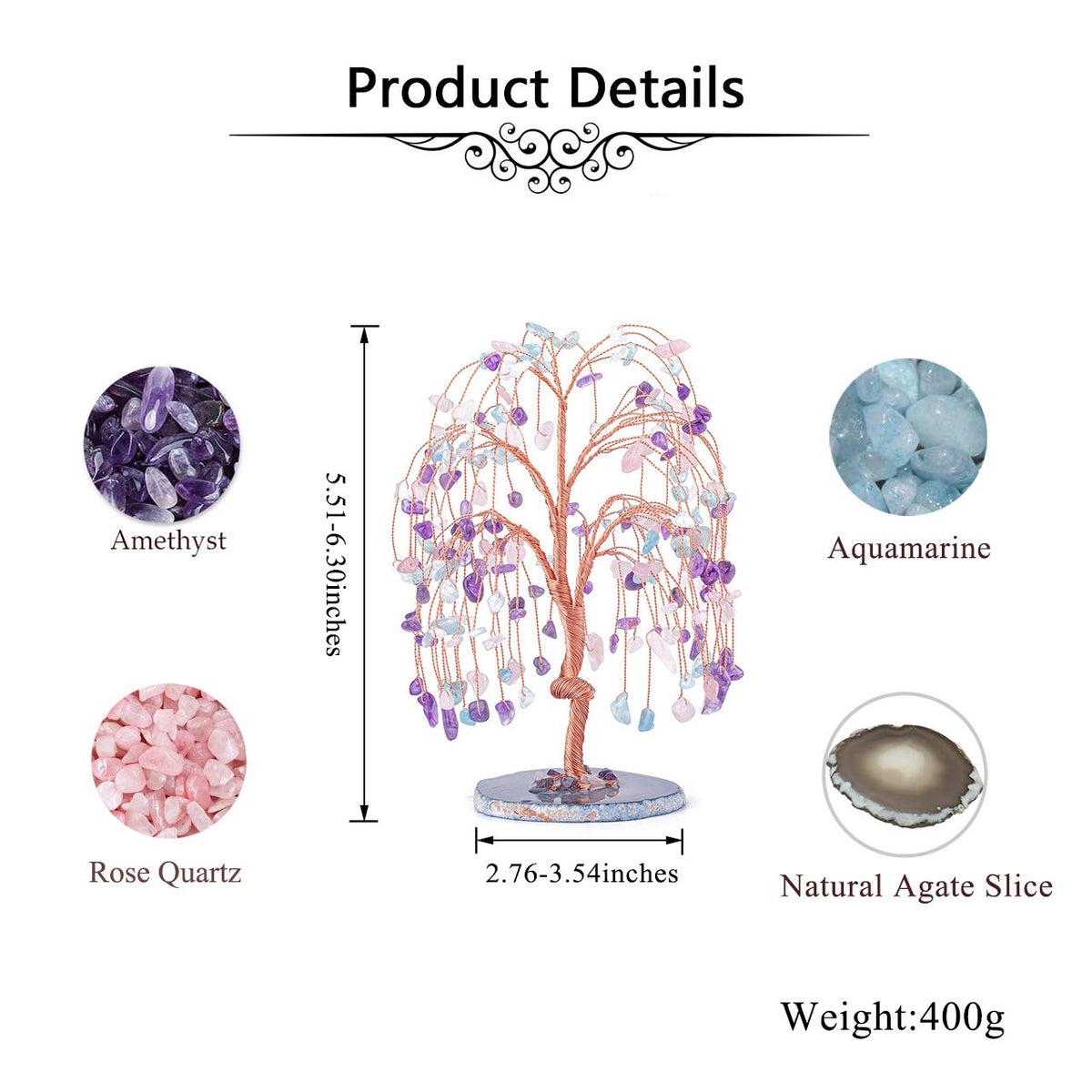 Jovivi Natural Healing Crystals Amethyst/Rose Quartz/Aquamarin Tree Tumbled Gemstone Stones Money Tree, Geode Agate Slices Base Feng Shui Ornaments Home Decoration for Wealth and Luck 5.5"-6.3"