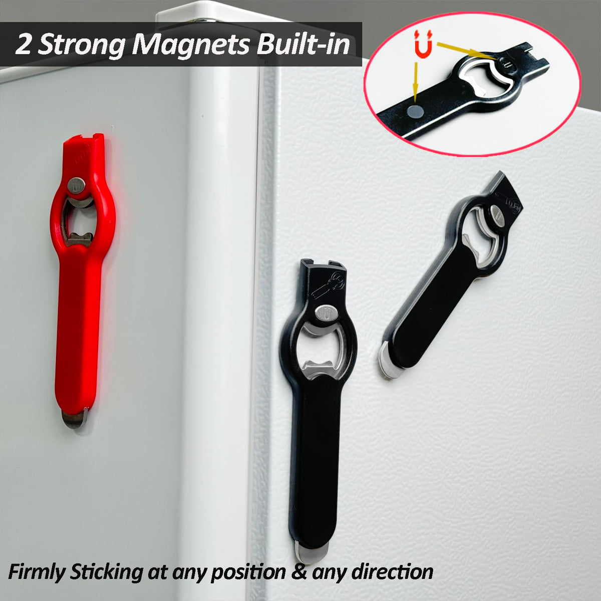 2-in-1 Magnetic Soda Can & Beer Bottle Opener-Dual Magnets for Fridge & Cap Catcher, Heavy Duty Stainless Steel, Perfect for Big Hands,Long nails, RV, Bartender, Gift for Father, Black, Openpro 2 Pack