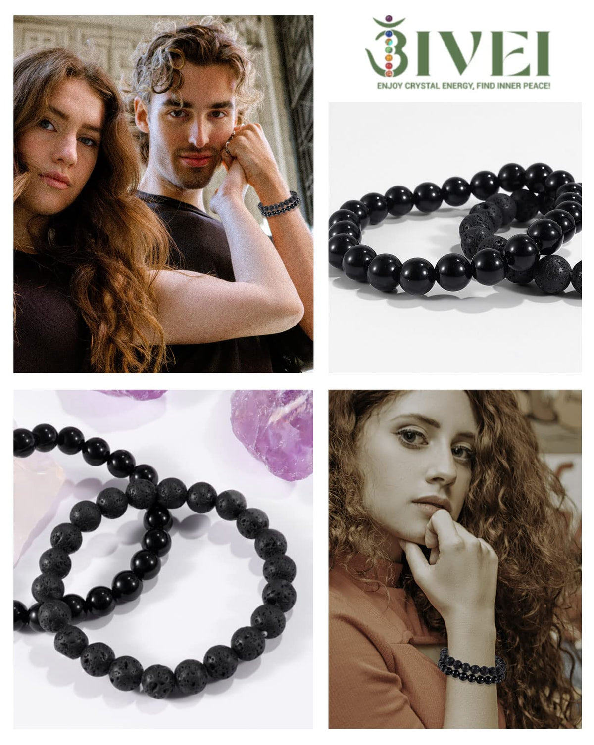Bivei Natural Gemstone Semi Precious Crystals Handmade Stretchy Round Beads Bracelet, Enhance Positive Energy,Stocking Stuffers for Women(Lava Stone & Black Obsidian (Protection) Medium)