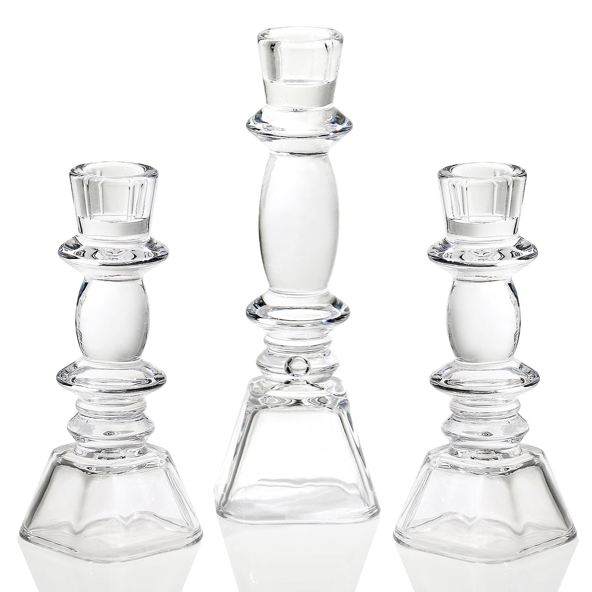 CHOCSTAY Glass Candlestick Holders Set of 3, Clear Taper Candle Holders for Table Centerpiece, Home Decorations, Wedding and Party