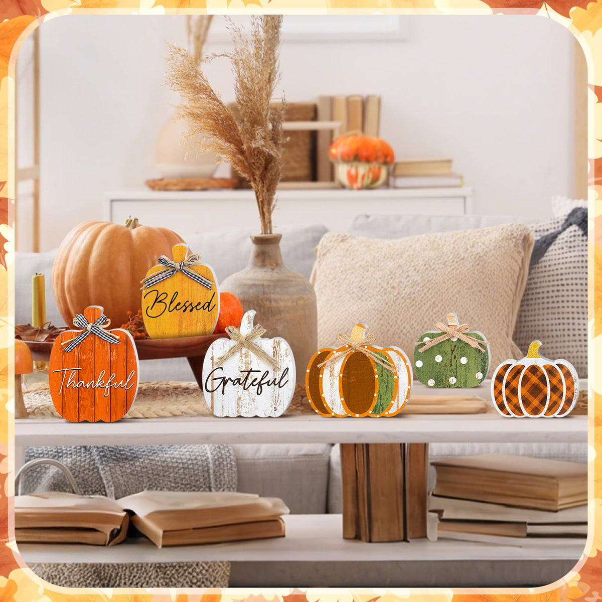Yousoontic 6 Pcs Thanksgiving Decor for Home Pumpkin Wooden Block Sign Autumn Fall Table Centerpiece for Thanksgiving Tiered Tray Harvest Table Mantel Shelf Decor(Classic)