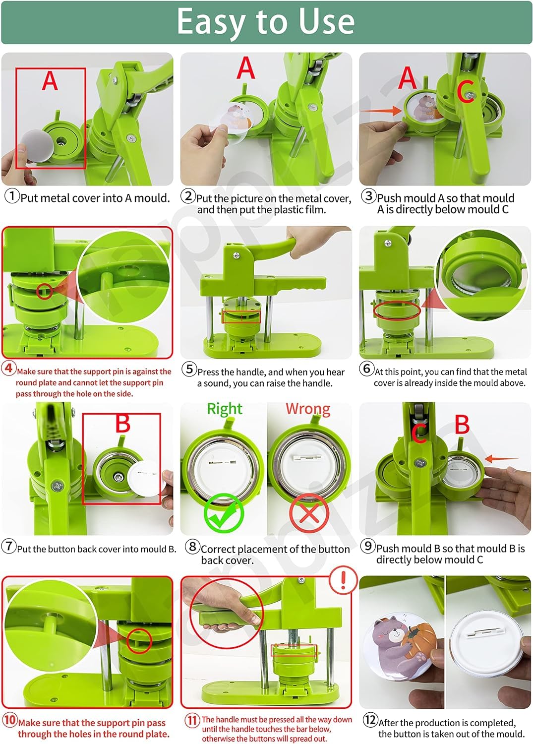 Happizza Button Maker Machine, 75mm(3 inch) DIY Pin Button Maker Press Machine Kit, Badge Button Press Machine Pin Maker Machine with Free 100pcs Button Parts&Pictures&Circle Cutter