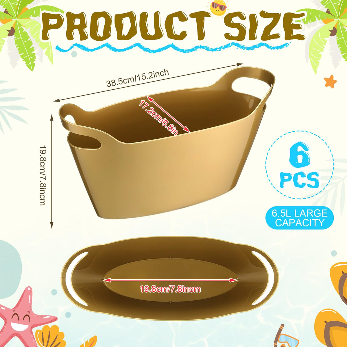 meekoo 6 Pack 6l Ice Bucket for Parties, Plastic Beverage Tub with Handles, Portable Ice Drink Bucket for Wine, Champagne, Beer, Cocktail, Large Drink Chiller for Wedding, Bar, Picnic, Pool(Gold)