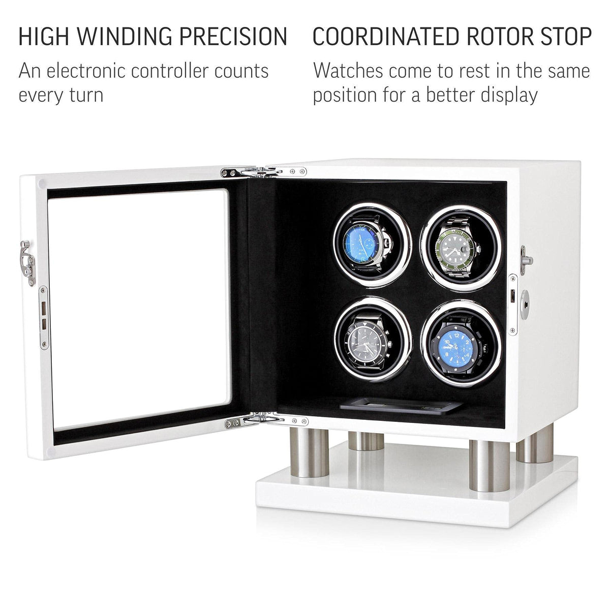 Watch Winder for 4 Watches with LED Backlight, LCD Display and Motor-Stop Option (White & Black)