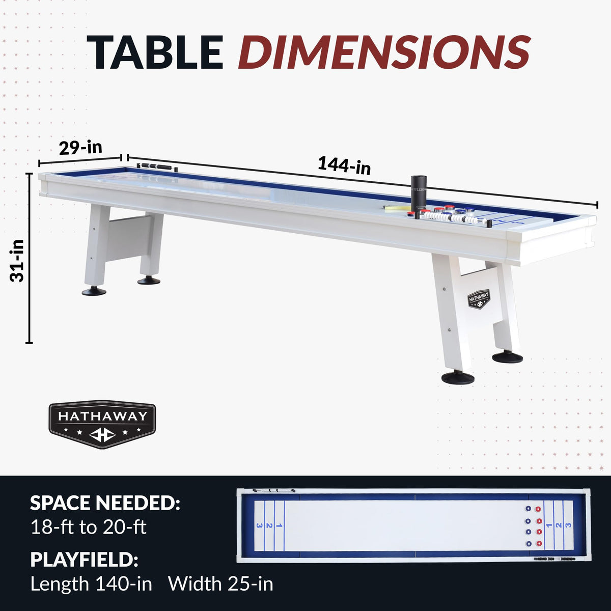 Hathaway Crestline 12 Ft Outdoor Shuffleboard Table for Patio, Yard & Deck - with Weatherproof Playfield, Built-in Scorer & Fitted Cover, Leg Levelers, 8 Pucks, Wax – White Finish