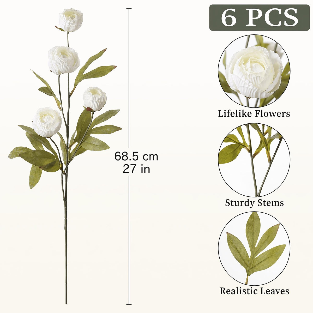 Sousi 6 PCS Artificial Silk Peony Fake Flowers, 27" Long Stem Peonies Bulk for Tall Vases DIY Wedding Bouquet Centerpieces Floral Arrangements Fillers Home Decor, Ivory