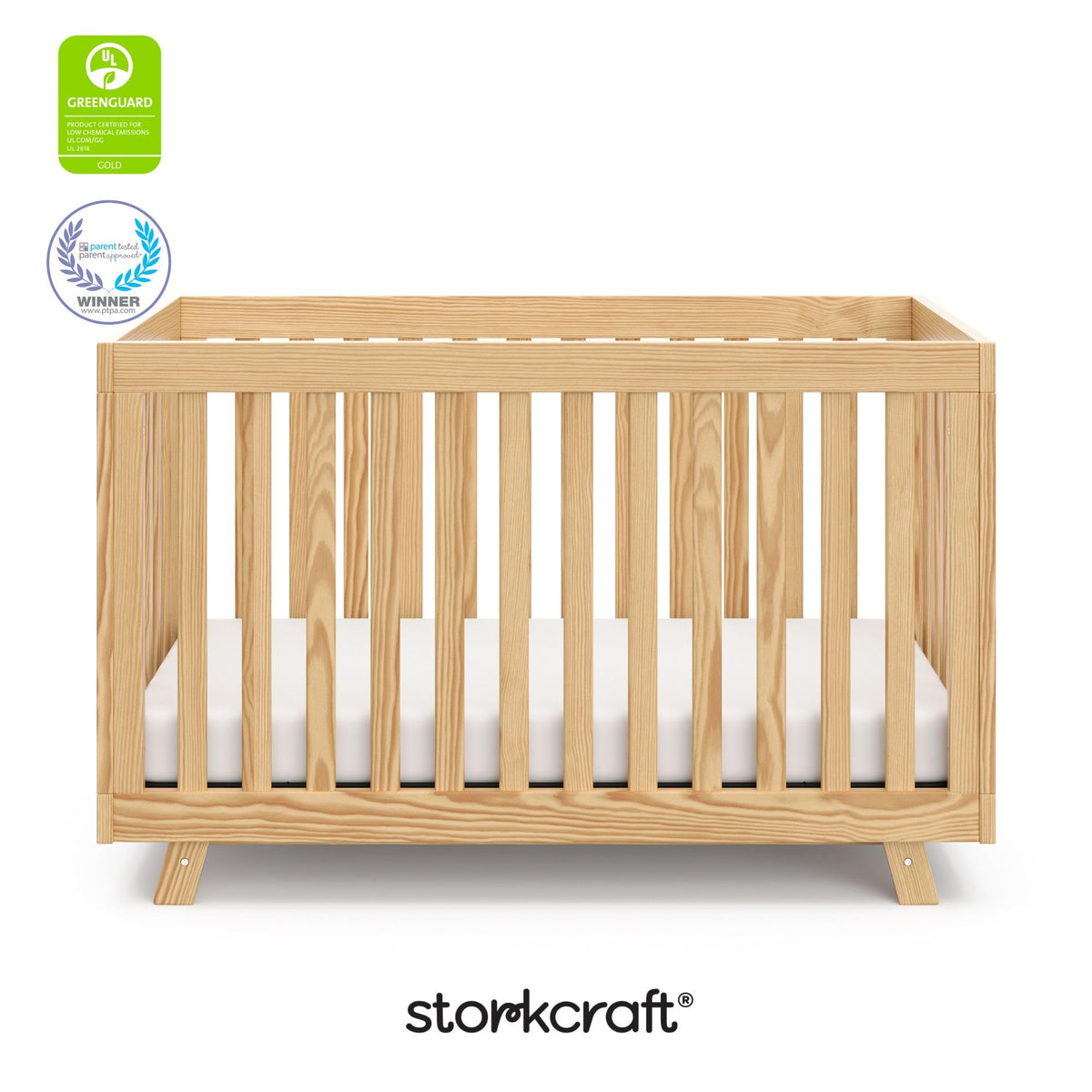 Storkcraft Beckett 3-in-1 Convertible Crib – GREENGUARD Gold Certified, Fits Standard Crib Mattress, Converts to Toddler Bed and Daybed, 4 Mattress Heights, Grow-with-Me Design (Natural)