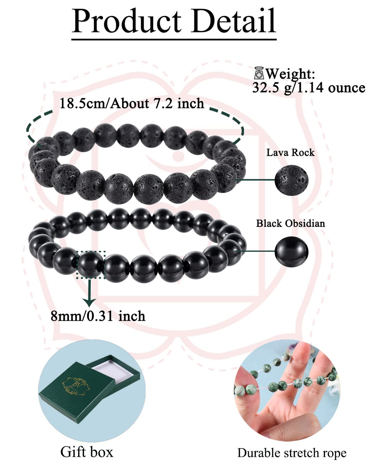 Bivei Natural Gemstone Semi Precious Crystals Handmade Stretchy Round Beads Bracelet, Enhance Positive Energy,Stocking Stuffers for Women(Lava Stone & Black Obsidian (Protection) Medium)