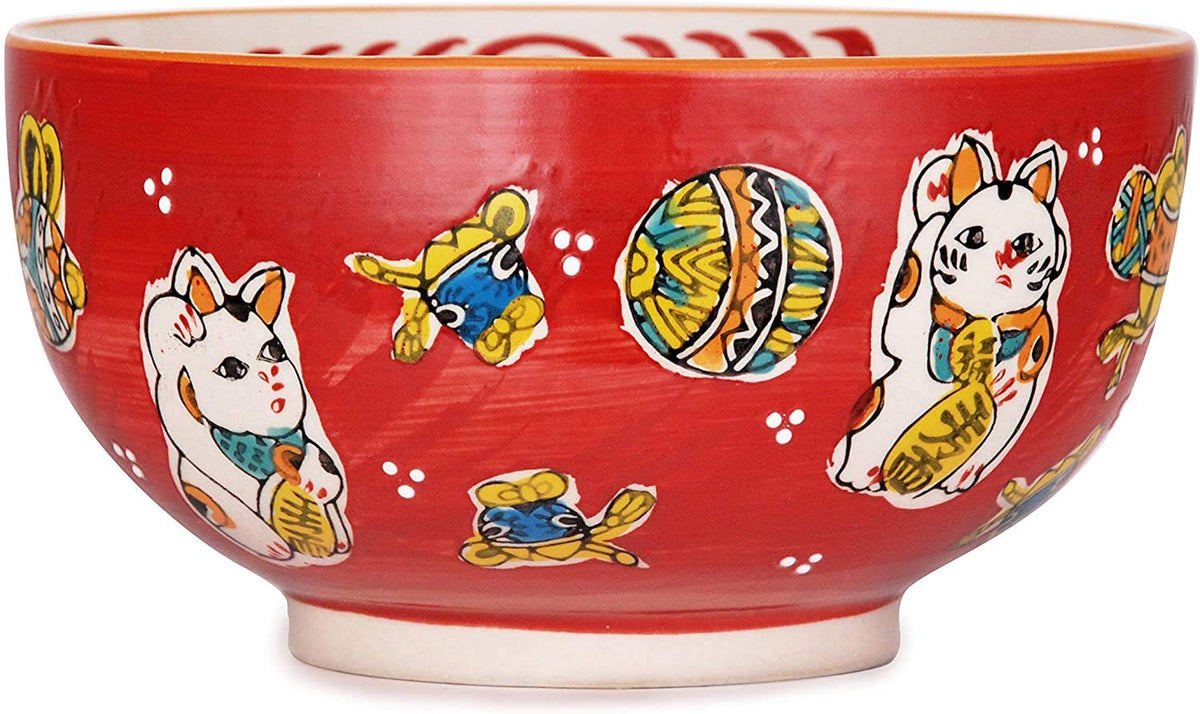 Happy Sales HSKM-RDCAT6, Japanese Kamameshi Vintage Style Rice Noodle Ramen Bowl with Bamboo Lid Trivet Chopsticks and Porcelain Spoon Bowl Set, Red Lucky Cat