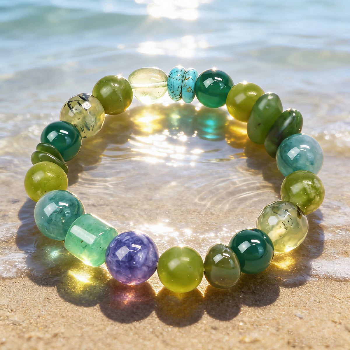 Boho Colorful Beaded Bracelets for Women, Handmade Stretchy Gemstone Bead Bracelet, Summer Women Beach Stackable Bead Bracelets Natural Healing Crystals Relax Stone Bracelets Unique Gifts for Mother (Green)