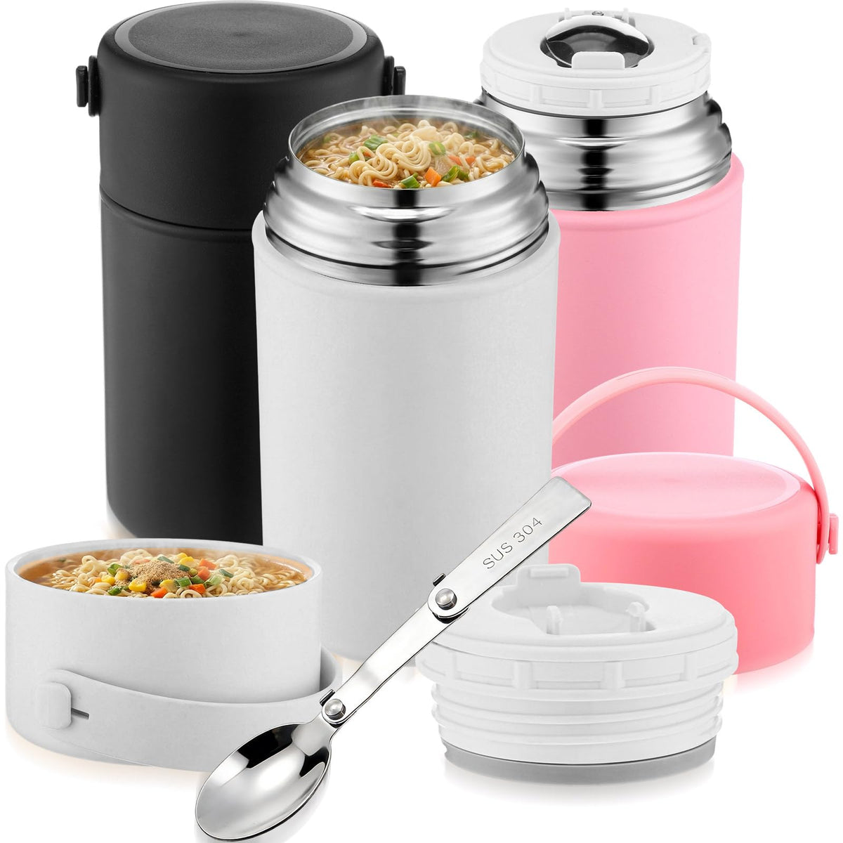 Acellegic 3 Pack Insulated Food Jars with Spoons, 35 Oz Stainless Steel Thermal Jar for Hot & Cold Food, Lunch Soup Vacuum Thermal Cups Wide Mouth Lunch Meal Carrier Container for Adult Office Picnic