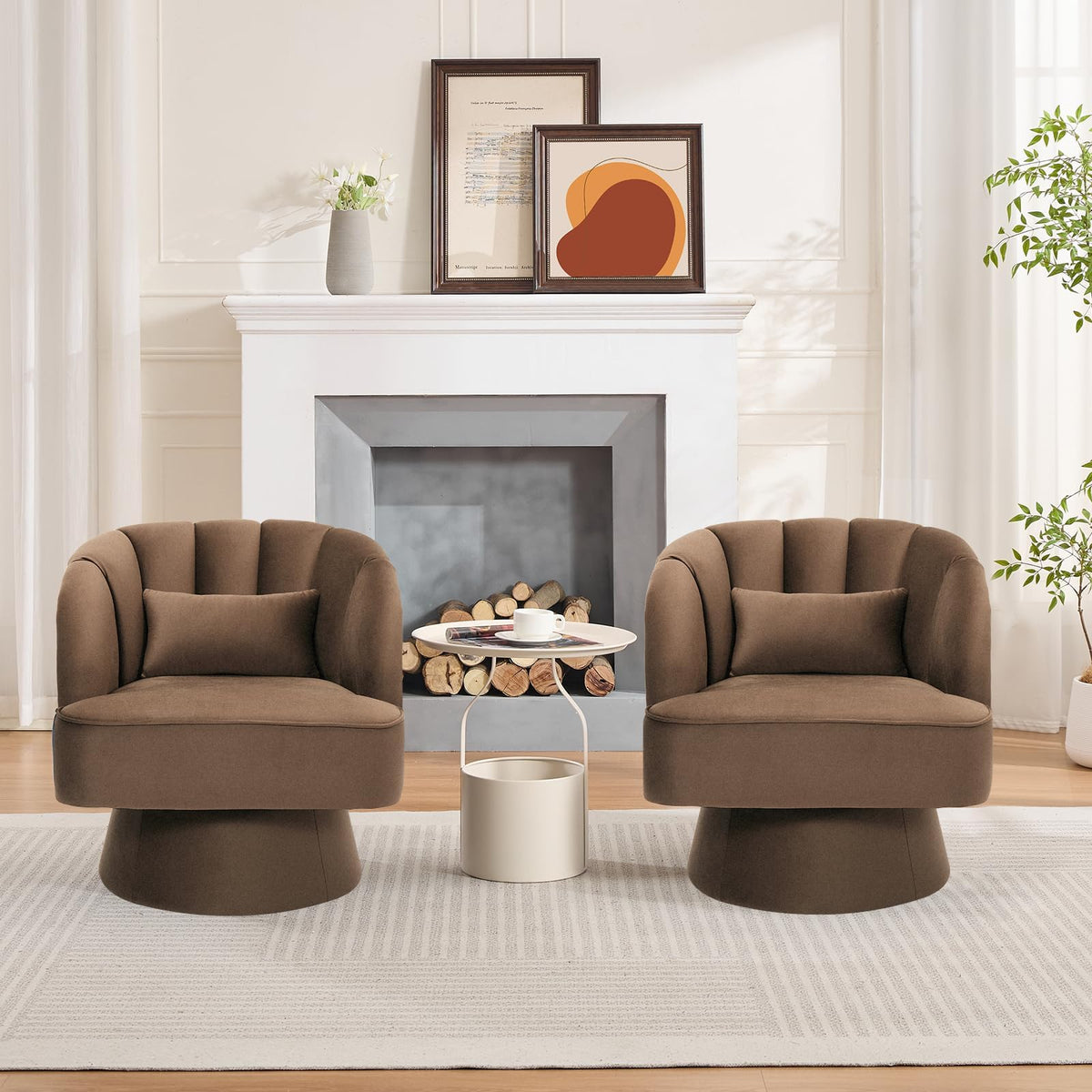 IDEALHOUSE Swivel Accent Chair with Armrests, 360° Mid Century Modern Swivel Barrel Chair, Modern Cozy Velvet Armchair for Living Room, Bedroom, Small Space, Brown