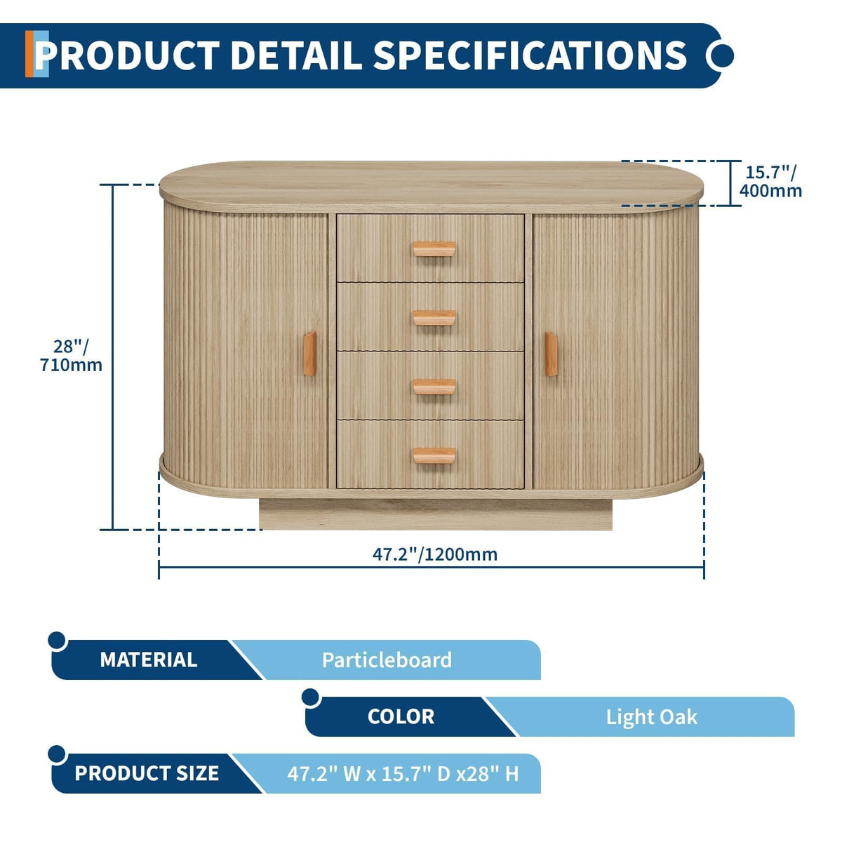 47" Fluted Sideboard Buffet Cabinet with 4 Drawers and 2 Arched Sliding Doors, Coffee Bar Storage Console Cabinet,Multi-Functional Coffee Bar Cabinet, Accent Table for Dining Living Room, Natural Oak