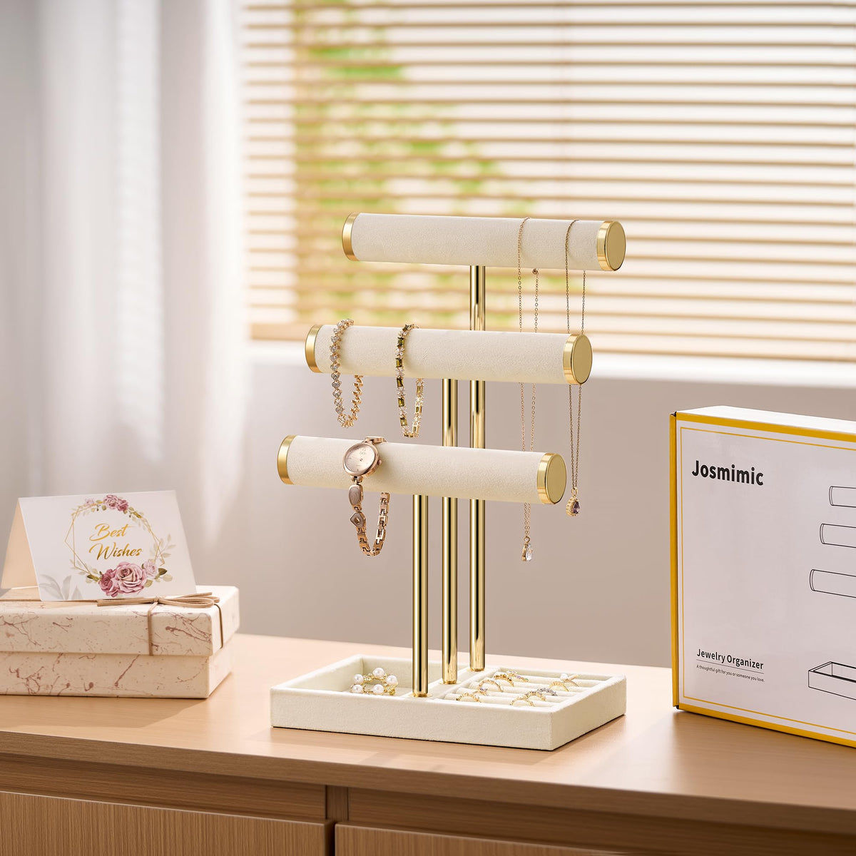 Josmimic Bracelet Holder Jewelry Organizer Display - 3 Tier T Bar Velvet Stand, Beige Jewelry Storage for Bracelet, Necklaces, Watches