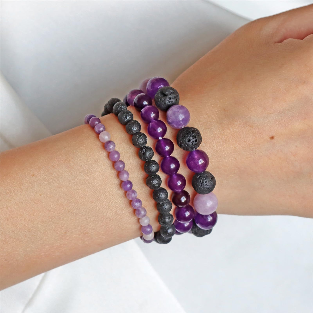 Vinswet 4pcs Natural Stone Beaded Bracelets for Women Men,Healing Crystal Gemstones Stretch purple Bracelet,4mm 6mm 8mm 10mm Amethyst Lava Rock Lepidolite Anxiety Stress Relief Bracelet Jewelry Gifts