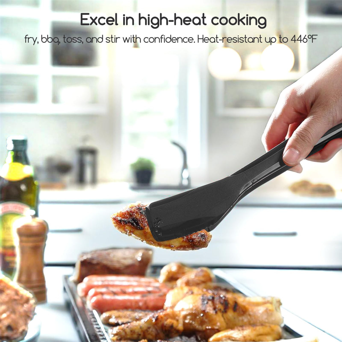 SOLEADER 11 Inch Silicone Tongs for Cooking Heat Resistant, Lightweight Non-Scratch Stainless Steel, Kitchen & BBQ Tools with Silicone Tips for Flipping Fish, Steak, Toast & Bread (2-Pack)