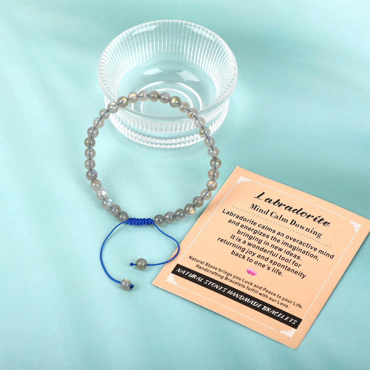 AD Beads 4mm Labradorite Bracelet - Stone of Mind Calm Downing - Handmade Natural Stone Crystal Bracelet with Adjustable Macrame String - Yoga Healing Power Energy Gifts for Men and Women