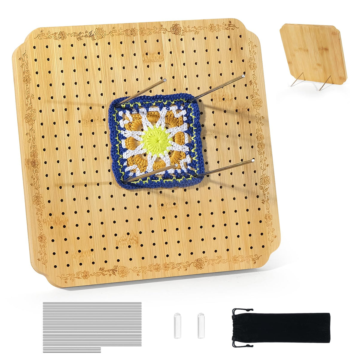 Crochet Blocking Board Wooden Granny Square for Crochet Projects Square Board Crocheting Accessories Gifts for Crocheters (Wood, Medium)