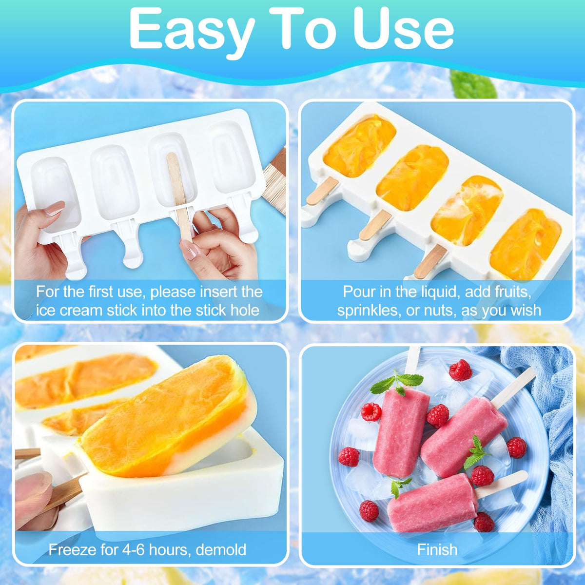 3 Set Small Silicone Popsicle Molds Ice Cream Mould 4 Cavity Ice Lolly Mold White Oval Cake Pop Mould with 150 Pieces Wooden Sticks for DIY Cream Popsicle Cake