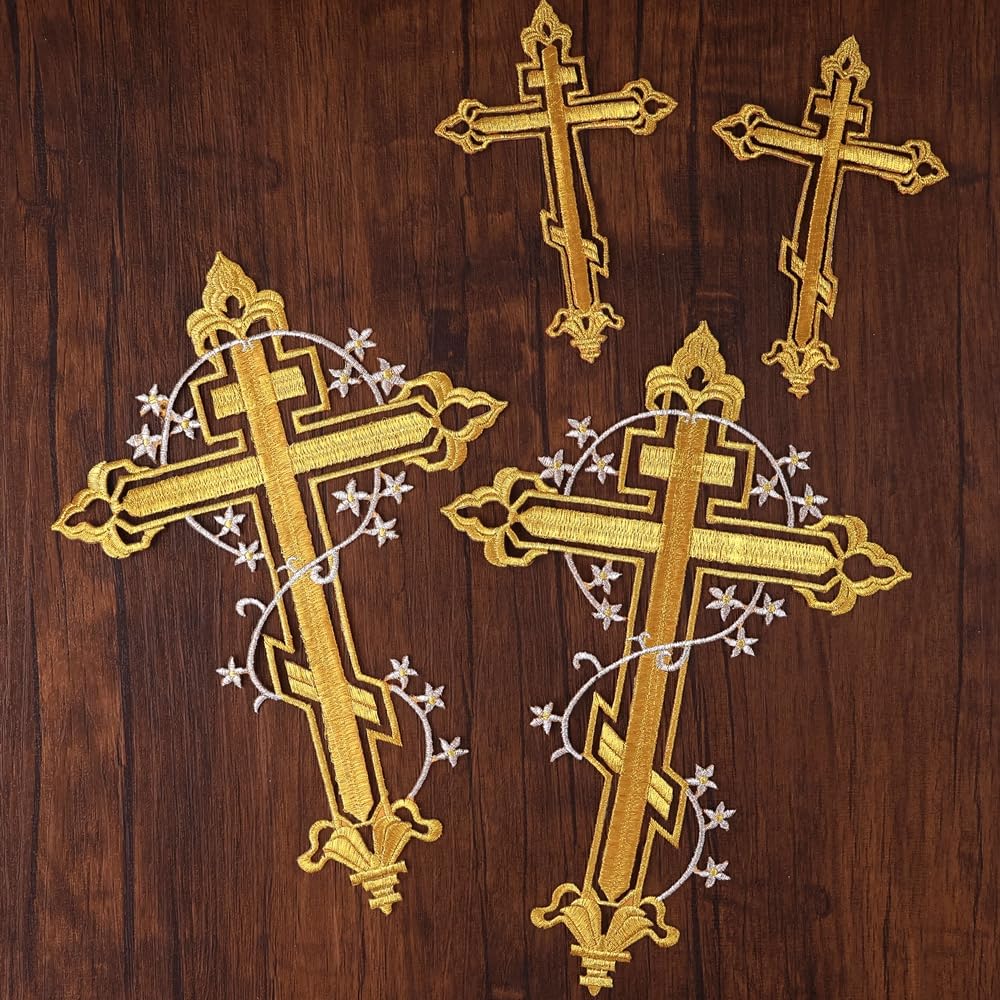 IDONGCAI Gold Cross Embroidered Applique, Religious Christian Liturgical Vestment Applique Patch for Church Garments & Altar Cloth, Iron On Sew On Embroidery Supply Set of 4