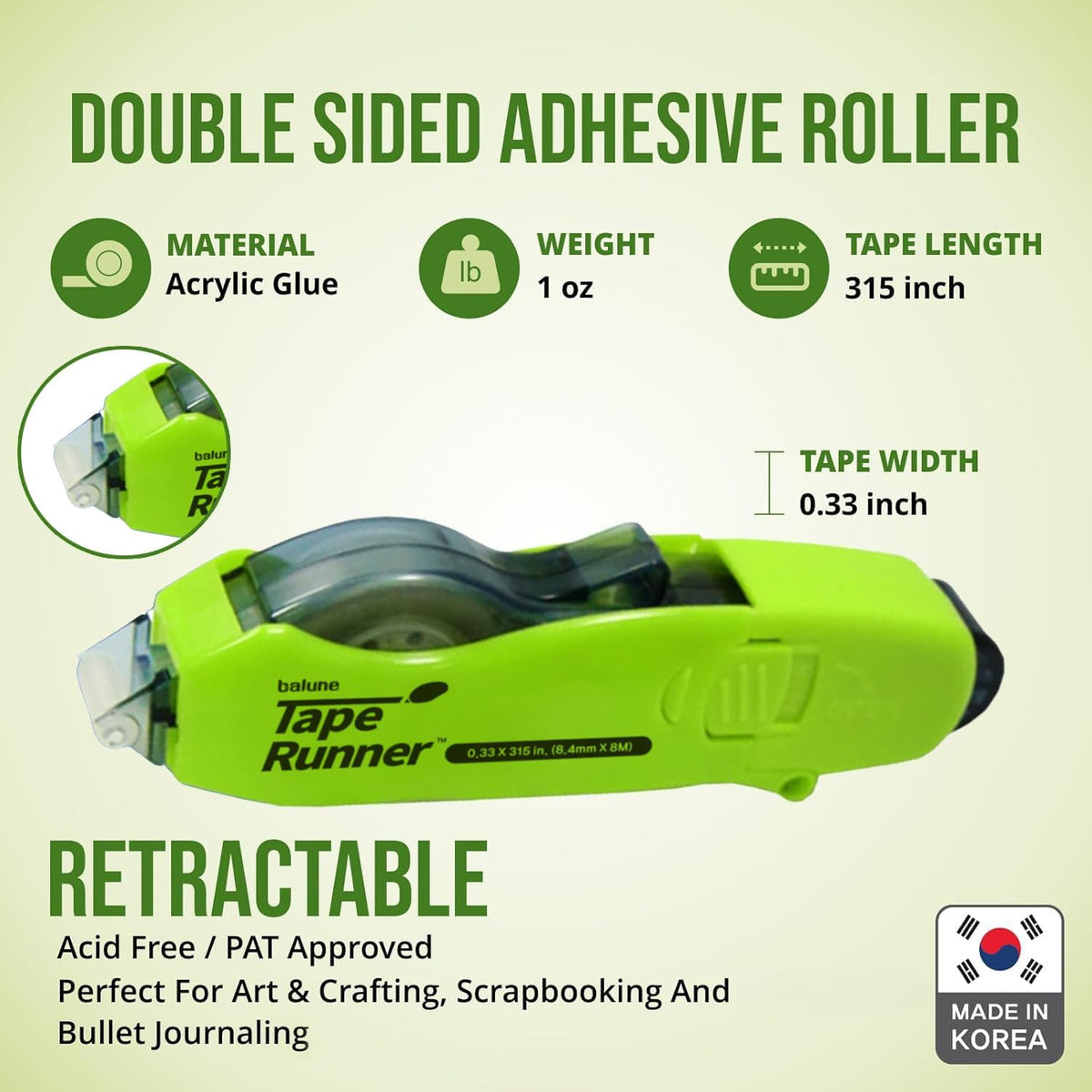 Double Sided Tape with Retractable Dispenser Roller - Permanent, Acid Free, Transparent - 2 Runners & 8 Refill Cartridges - Ideal Scrapbook Supplies & Scrapbooking Supplies Kit - 315 Inches Each