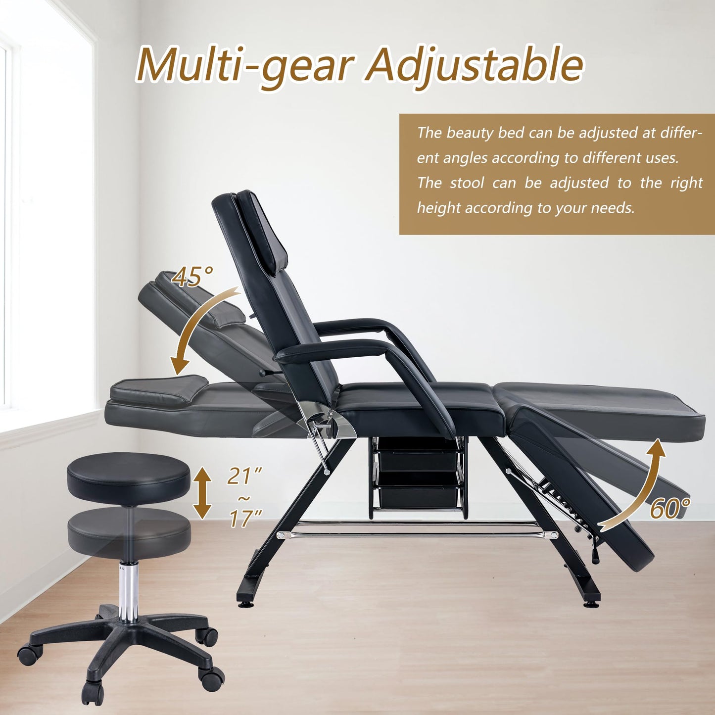 Tattoo Chair Adjustable Folding Salon Bed with Hydraulic Stool Massage Bed for Professional Massage Beauty Spa Black,Bed Table Adjustable Beauty Barber Spa Beauty Equipment 72.8" L x24.4 W x 27.6" H