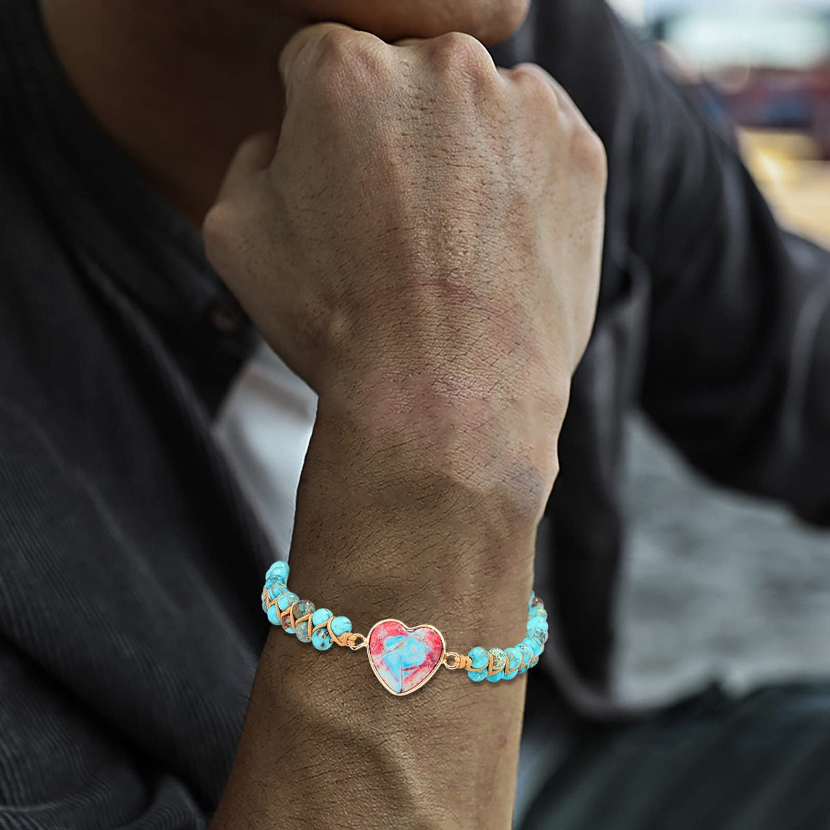 Healing Stone Bracelet Beads Yoga Bracelet Turquoise Natutal Stone Chakra Crystal Energy Heart Charm Bracelet Handmade