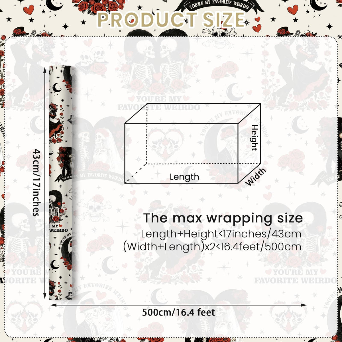 Joviwrap Gothic Anniversary Wrapping Paper Roll, Skull Couple Romantic Wrapping Paper, Black Red Skeleton Rose Present Packaging for Goth Weirdo Lovers Birthday Wedding Halloween, 17 In x 16.4 Ft