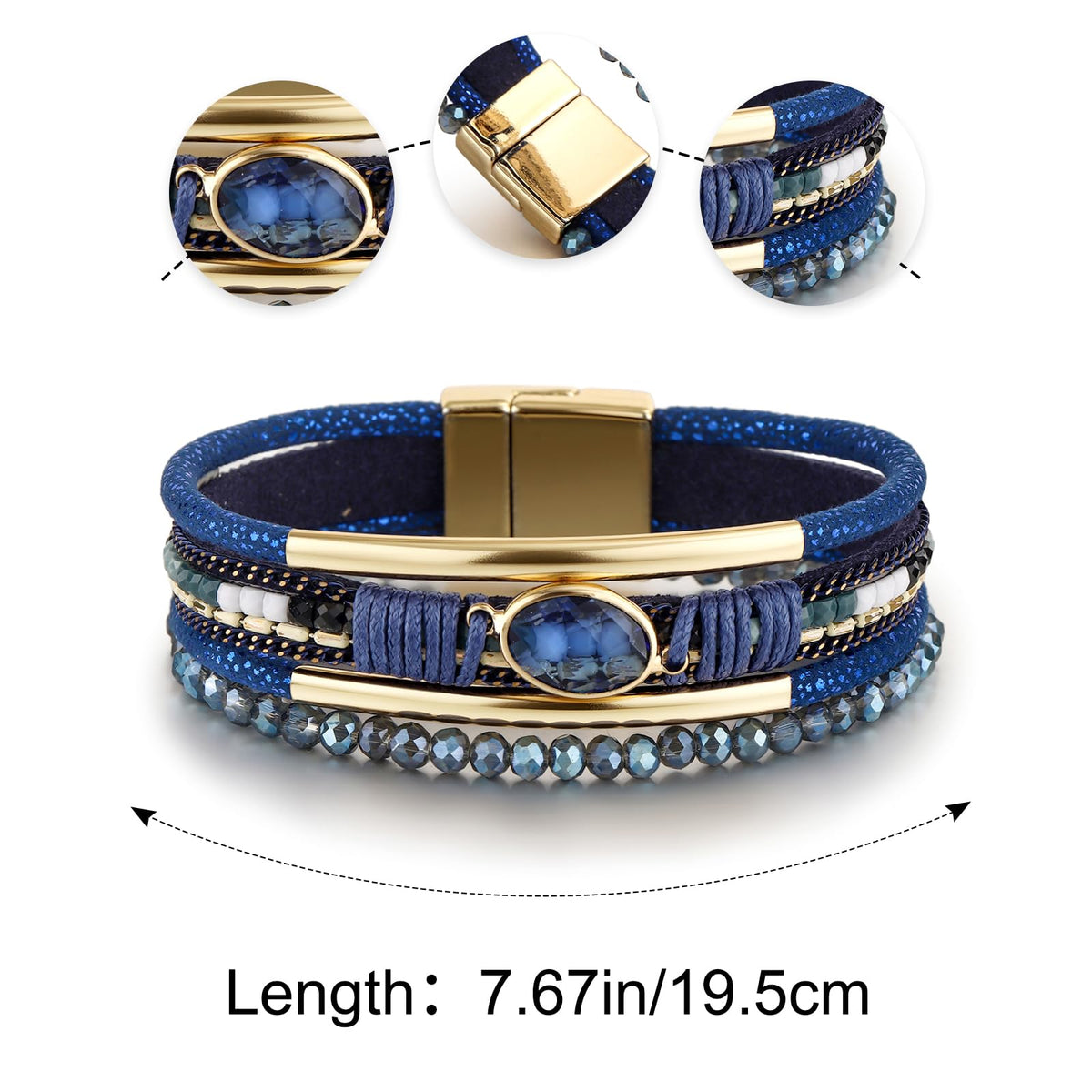 Edoneery Leather Wrap Bracelet for Women, Boho Handmade Multi-Layer Cuff with Crystal Beads Heart, Stackable Bangle Western Jewelry Gift(Crystal(Blue))