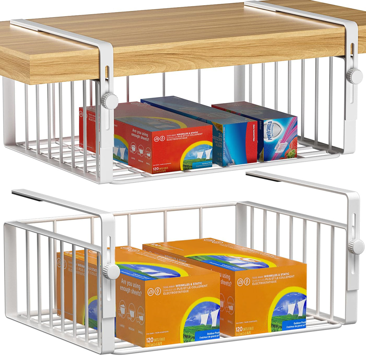 AmonHouseware 2Pack Under Shelf Basket Organizer,Adjustable Hanging Holder Storage for Cabinet Pantry Kitchen Cupboard Desk Counter Bookshelf Organization Add-on Space Saver Heavy Duty Slide-in,White