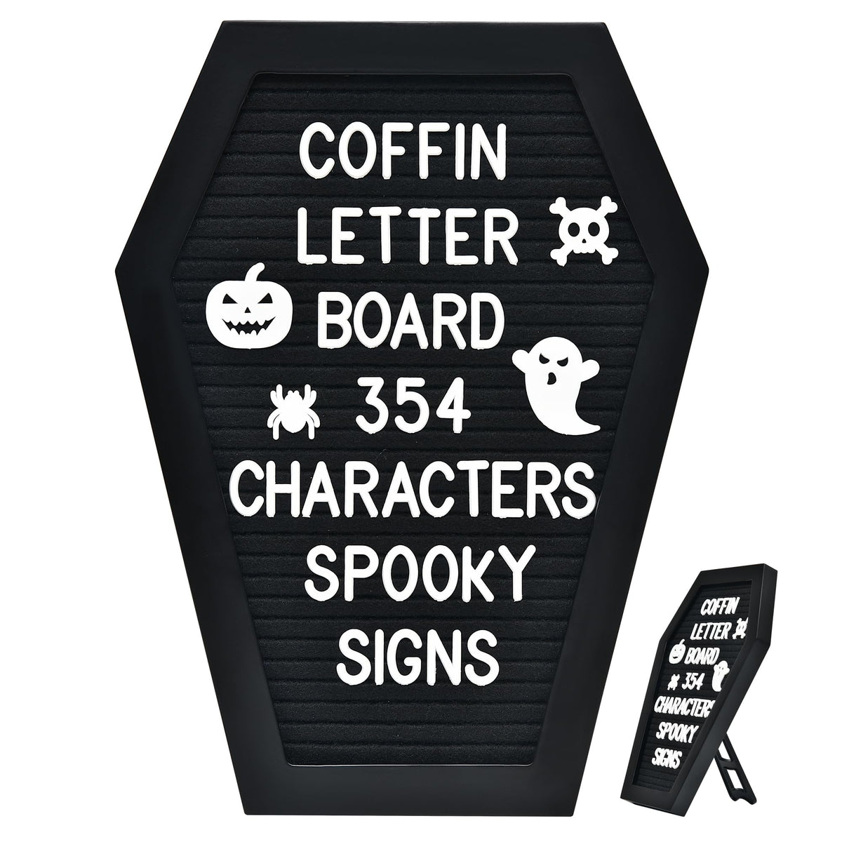 Coffin Letter Board - 354 Characters Spooky Halloween Characters with Wooden Stand and Canvas Bag - 10x7 Inches Small Size - Felt Message Board for Home Office Halloween Supplies & Decor (Black)