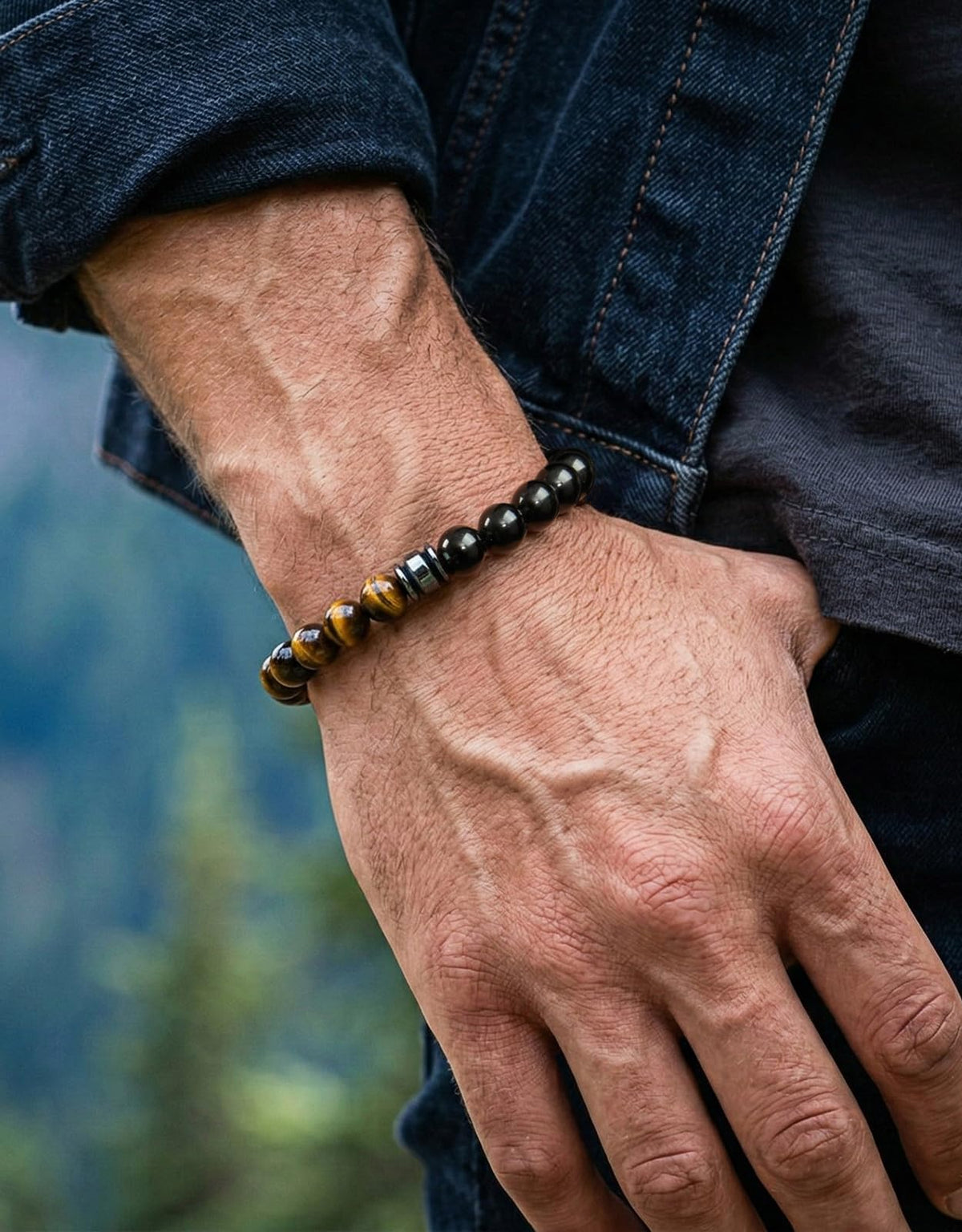 Landorilo Gifts for Men, 8mm Natural Stone Beaded Bracelets, Black Tourmaline & Tiger Eye Healing Bracelet, Handmade Mens Jewelry Gift for Him, Husband, Son, Father, Friend(Happy Birthday-7.5in)