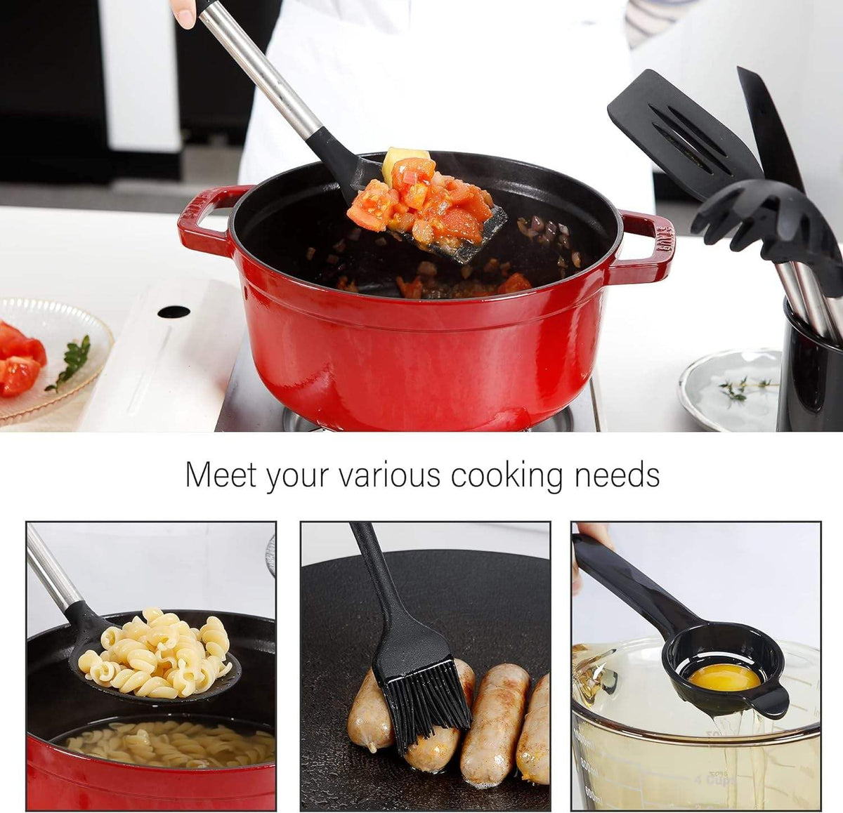 17-Piece Kitchen Utensils Set, Silicone Cooking Tools with Stainless Steel Handles, Heat Resistant Non-Stick Kitchen Set with Measuring Cups & Gadgets | SV Deals