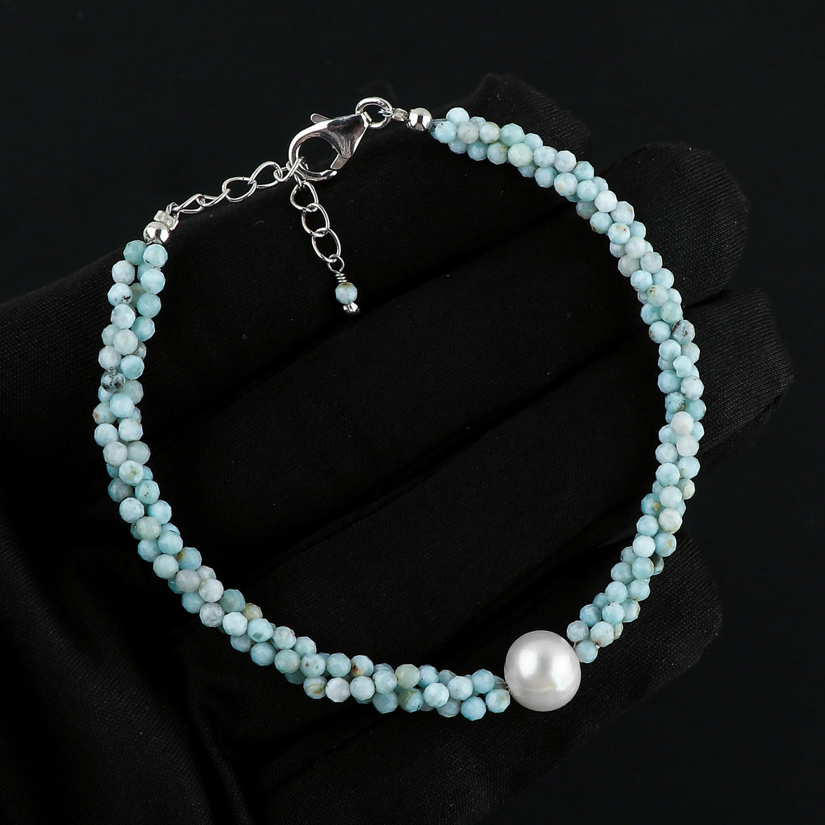 CRYSTALIS Natural Caribbean Larimar Beads Twisted Rope Bracelet with Elegant Pearl, High Grade Gemstones, Chakra Healing Stones, Womens Gift Jewelry, Silver Plated Brass Bracelet 8 inch