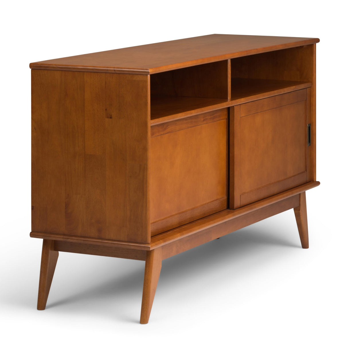 SIMPLIHOME Draper TV Stand - 54 inch Wide Solid Wood Tall Media Console in Teak Brown, Mid Century Modern Entertainment Center for Living Room for TVs up to 60 Inches with Shelves and Cable Management
