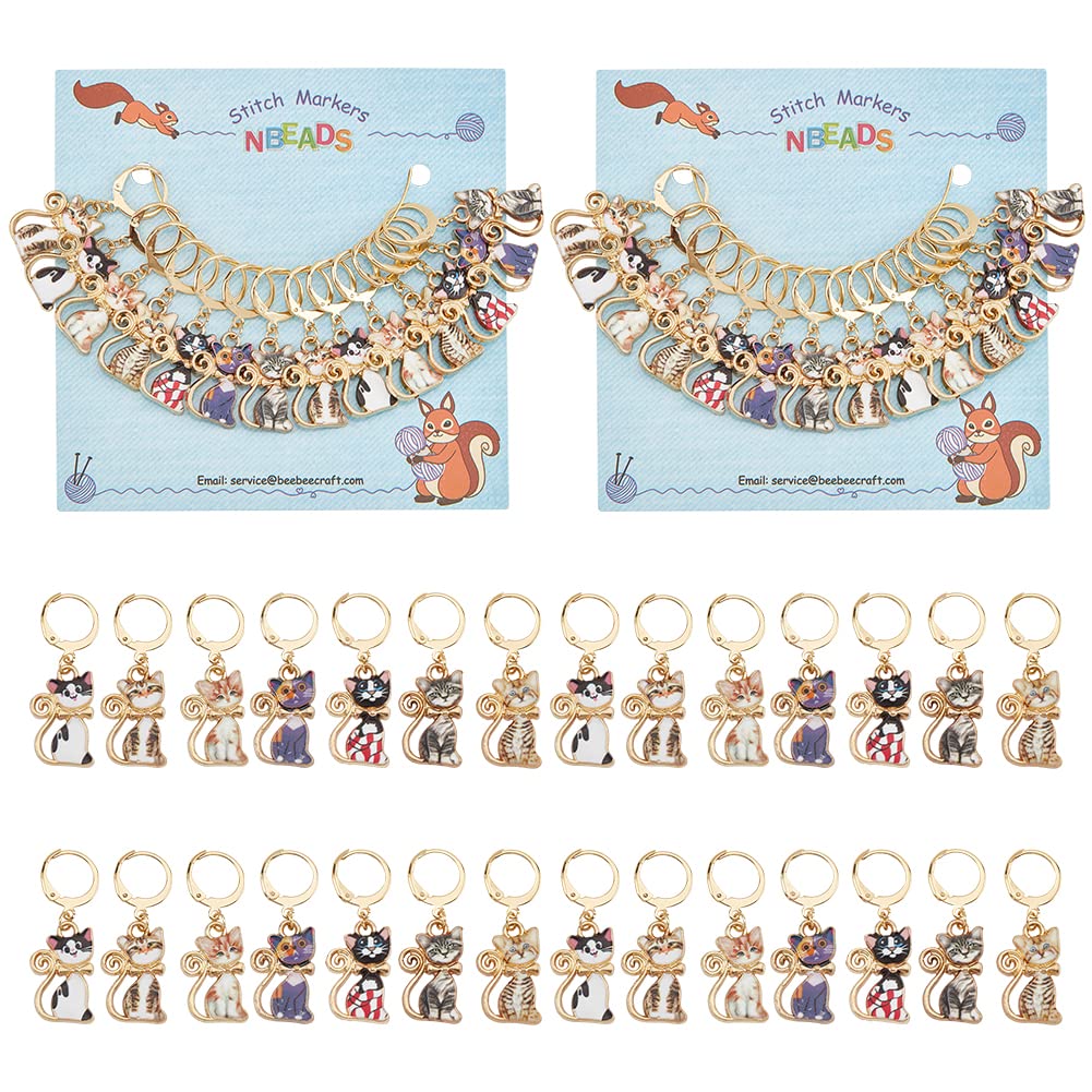 NBEADS 28 Pcs Cat Charm Stitch Markers, 7 Styles Alloy Enamel Cute Cat Crochet Charms Removable Locking Stitch Marker with 304 Stainless Steel Clasp for Sewing Accessories Quilting Jewelry