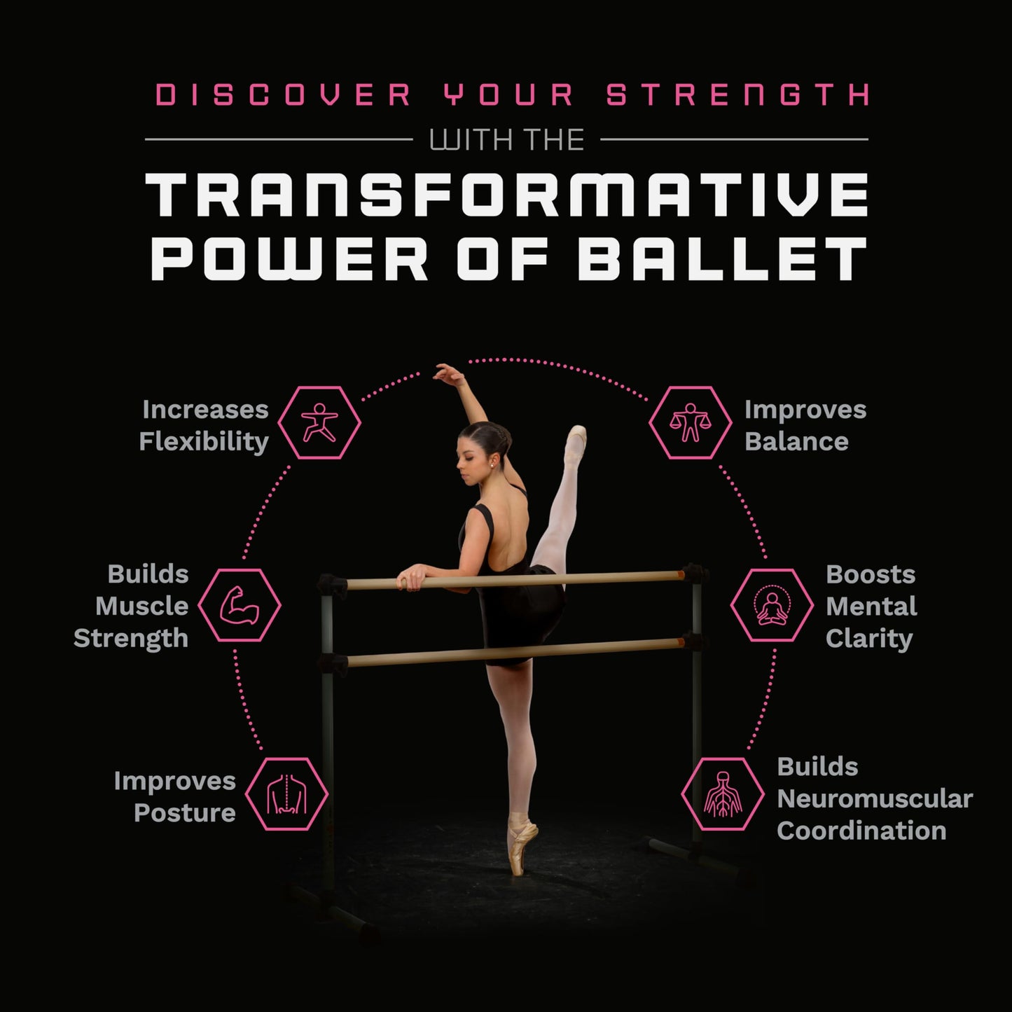 VITA Barre Portable Freestanding Double Ballet Barre, Prodigy, 8 Ft Bars, Black | Adjustable Height, USA Made, Home or Gym Exercise Equipment for Kids & Adults | Dance, Fitness, Pilates