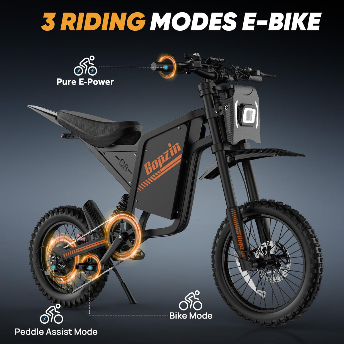 Bopzin Electric Dirt Bike for Teens & Adults - Peak 2600W 38MPH, 14"/12" Tires Agile Off-Road eMotorcycle, 60V 23AH 100+ Miles Range eBike, Full Suspension & Hydraulic Brakes, UL2849 Certified