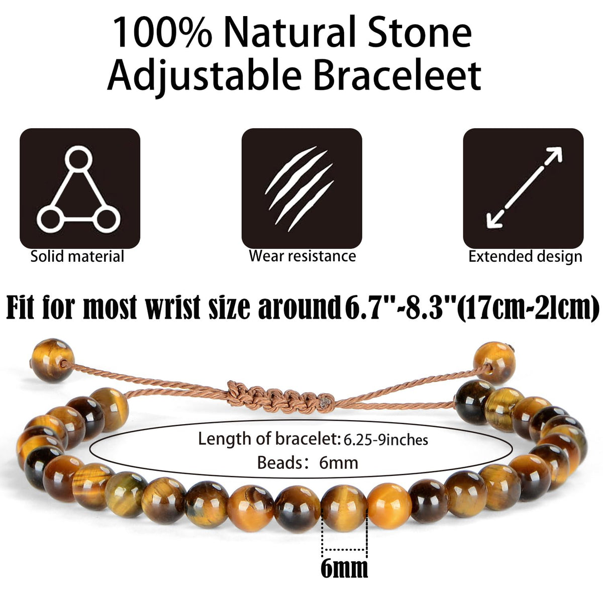 QOGIR Handmade Healing Bracelet,6mm Natural Yellow Tiger Gem Stone Beads Adjustable Bracelet, Courage and Confidence Bracelet
