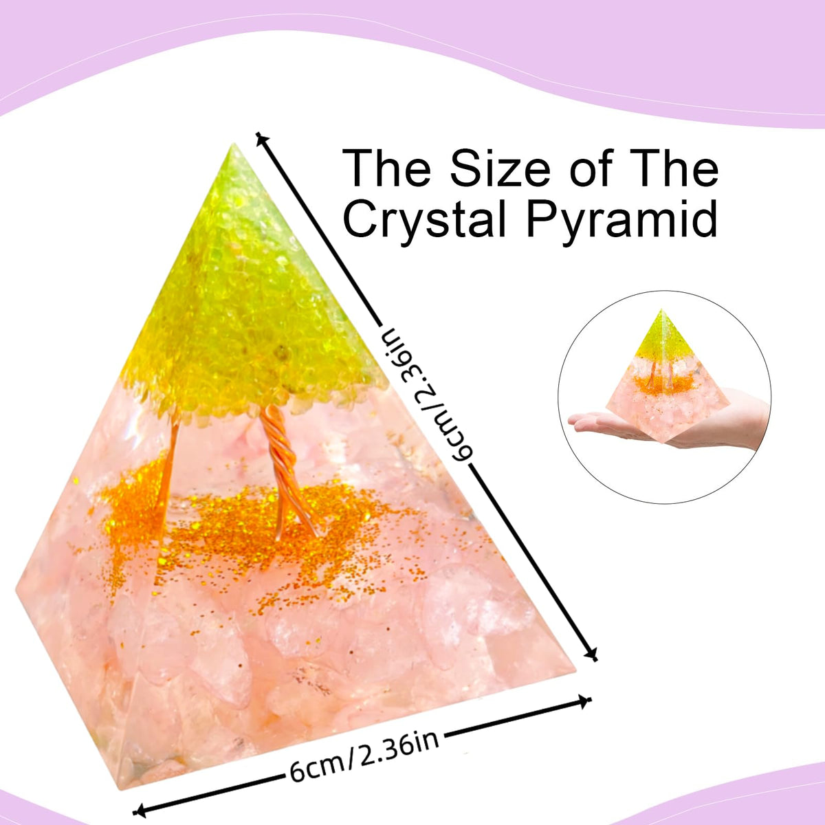 Saefheled Tree of Life Orgone Pyramid,Natural Energy Peridot Pink Crystal Orgonite Healing Crystal Pyramid,for Reduce Stress,Balance Chakra,Meditation Attract Luck,Accumulate Wealth Health(6cm)